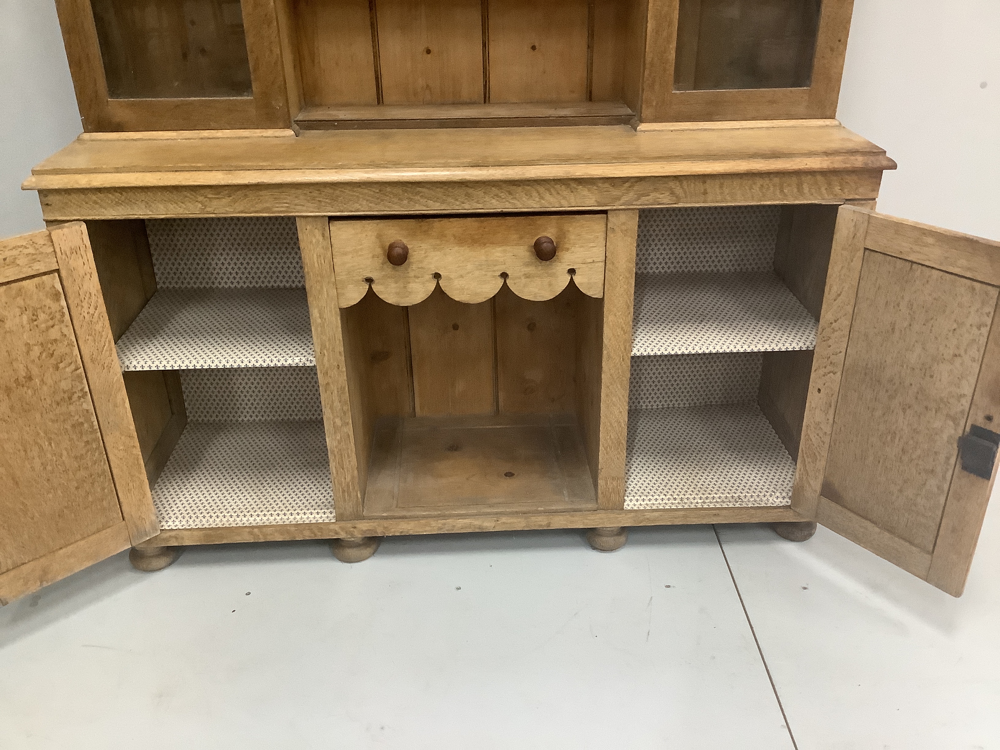 A late Victorian pale oak dresser, width 151cm, depth 44cm, height 202cm